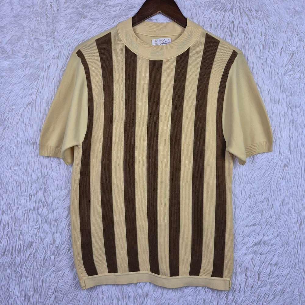 Vintage Ban-Lon by Bermont Mens Yellow Brown Striped Knit Mock Neck Shirt M